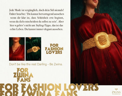 Editorial-Layout für die Luxusmarke 'Zwina Accessories' auf strukturiertem, cremefarbenem Hintergrund. Auf der rechten Seite dominiert das Foto einer Frau in einem eleganten, tiefroten Satinkleid mit einem markanten, breiten Goldgürtel in geflochtener Opt