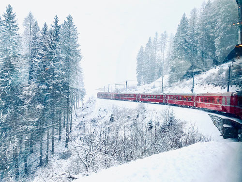 Trenino rosso del Bernina che viaggia in mezzo ad un paesaggio innevato