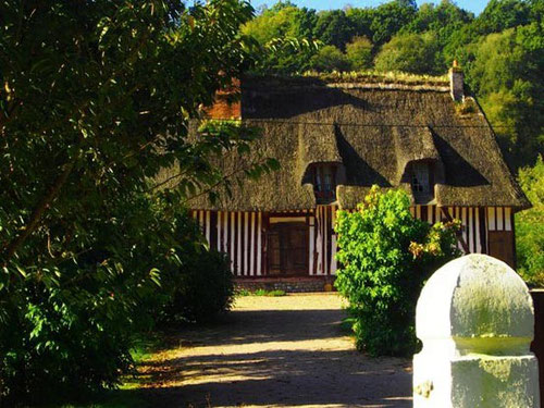 ein reetgedecktes Herrschafts-Haus versteckt im Wald