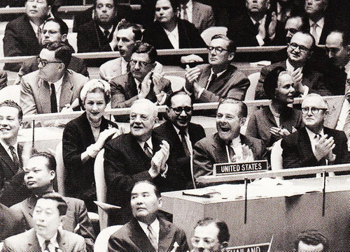 Irene as a member of the U.S. delegation sitting behind Secretary of State John Foster Dulles