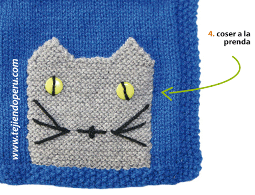 Tutorial: bolsillo en forma de gatito para aplicado tejido en dos agujas o palitos