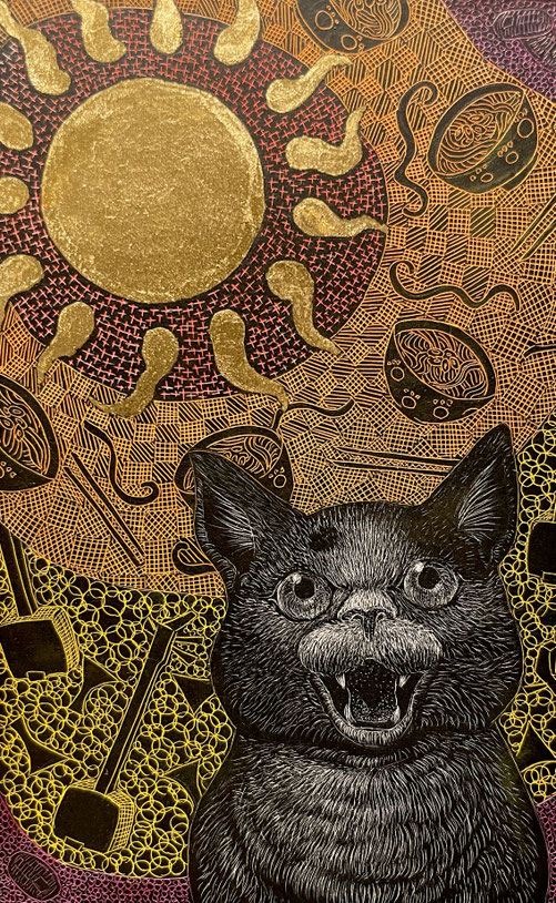 「孝行猫～おけさ猫」 スクラッチ、箔 /90×140mm/ ￥50,600（税込）