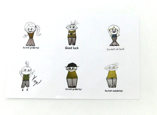 mehrere kleine Comic-Figuren, Strichmännchen und -frauen mit positiven Botschaften