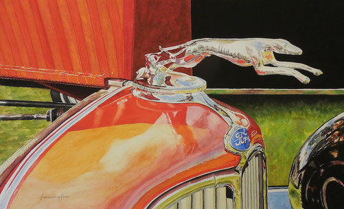 Ford, Greyhound, Hood Ornament , Greyhound hood ornament, Watercolour, watercolor, vintage Ford, Car show, Auto Show 