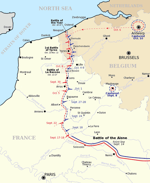 Map showing World War I battles and troop movements in northern France and Belgium during 1914, highlighting key dates, captured cities, and shifting front lines.