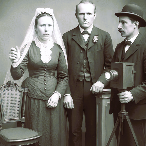 Themenbezogen KI generiert: So sieht "die Maschine" die damalige Situation im Fotoatelier mit dem Brautpaar Klöpper aus Frielinghausen.