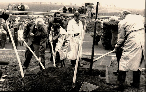 Zur Erinnerung an den Bau der Umgehungsstraße pflanzen Vertreter aus Politik und Verwaltung am Galgenberg eine Eiche. Rechts Oberkreisdirektor Paul Sellmann und Landrat Alex Brunnberg. Foto: Stadtarchiv