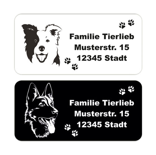 eckige Adressaufkleber für Hundefreunde, Motiv wahlweise Silhouette von Border Collie oder Schäferhund, gedruckt auf umweltfreundlichen PVC-freien selbstklebenden Papier, ungiftige Farben, wasserfest