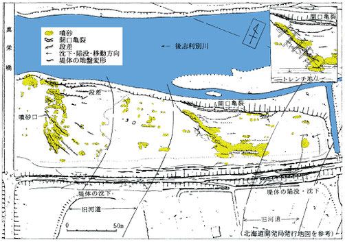 図3　北檜山町新栄橋左岸の堤外地で発生した地盤被害状況（石綿ほか，1998）