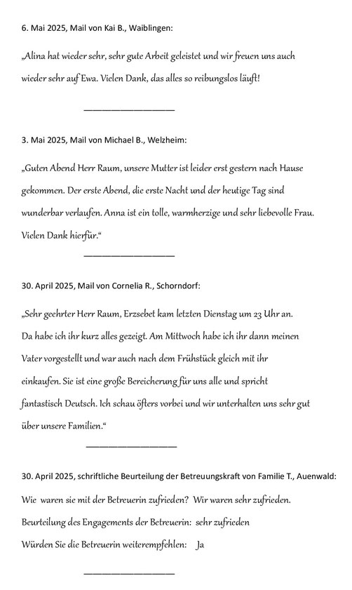 6.5.25: neue gute Rezensionen für RAUM Seniorenpflege24 in Auenwald