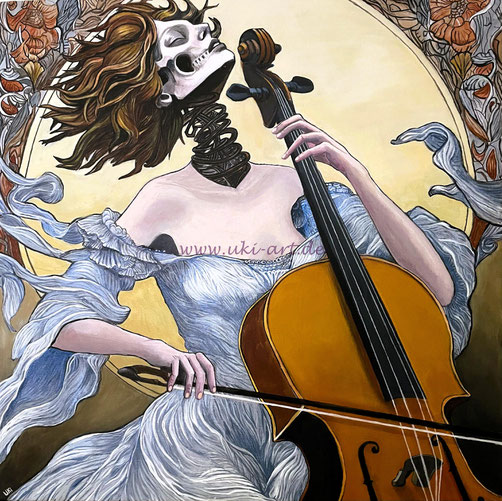 Frau mit Cello, Acryl auf Leinwand, 70 x 70 cm