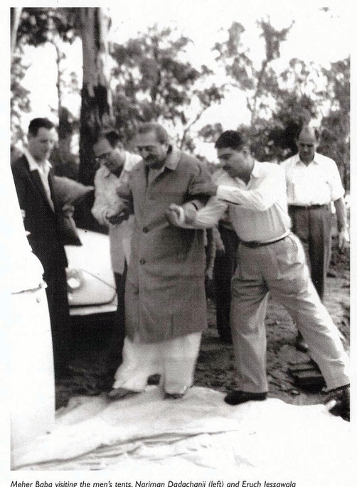 12. Avatar's Abode. ( L-R ) Stan Adams, Nariman, Meher Baba, Eruch & Dr. O'Brien. Photo taken by Colin Adams, courtesy of Avatar's Abode Archives.
