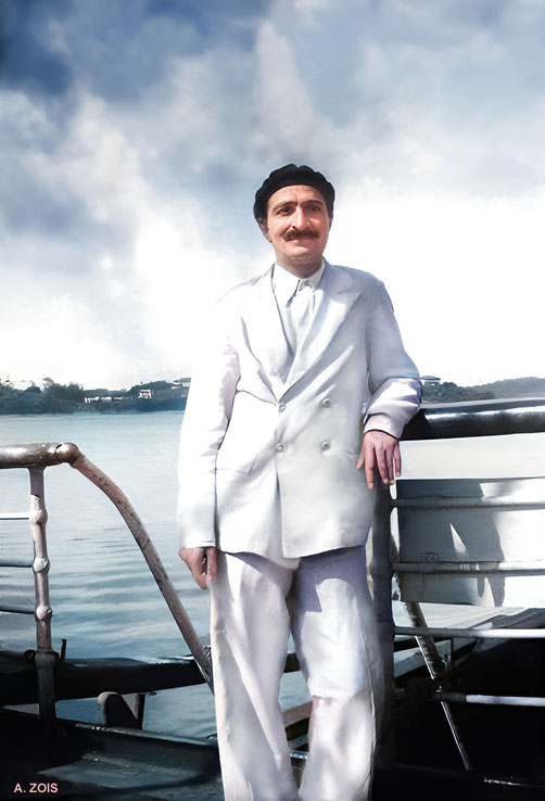 Meher Baba on board the M.V. Circassia. Image colourized & enhanced by Anthony Zois
