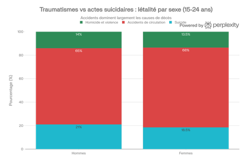 Répartition des causes de décès traumatiques par sexe chez les jeunes (15-24 ans)
