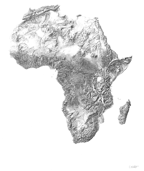 Carte collection Afrique relief commande sur mesure dessin en cours crayon noir et blanc réaliste artiste Atelier Capucine Minot