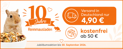 Banner zur Jubiläumsaktion: 10 Jahre Rennmausladen. Versandkosten in Deutschland nur 4,90 €, kostenfrei ab 50€. Aktion bis zum 30. September 2026 begrenzt.