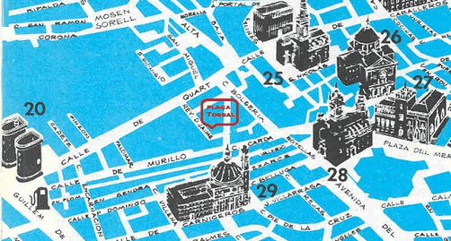 Mapa de donde se encuentran la Galeria del Tossal las murallas romanas, musulmanas y cristianas de Valencia en la Plaza del Tossal en Valencia ciudad.