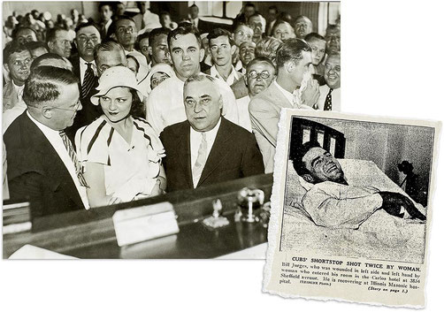 Nella foto a destra William Jurges riceve i giornalisti dal letto di ospedale (l'atteggiamento è più che altro divertito) a sinistra Violet Valli Popovich al processo tra i suoi avvocati (da notare la mano sinistra fasciata)