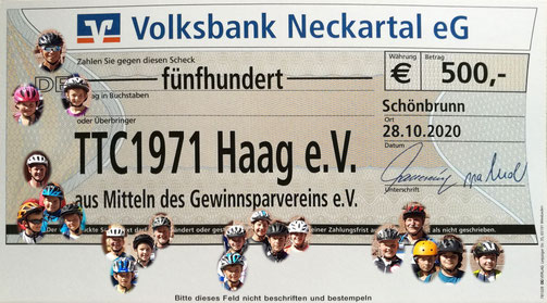 Der TTC und die MTB-Kid´s freuen sich über die Soforthilfe der Volksbank Neckartal