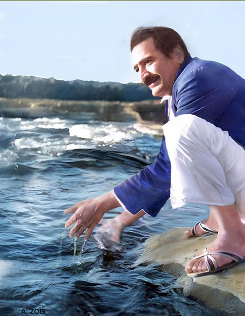 25th Dec. 1938. Meher Baba at the Namada River, India. Image rendition by Anthony Zois.