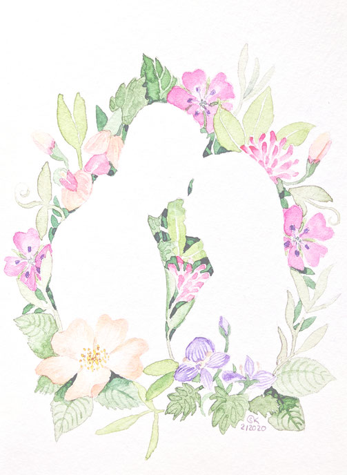 Hochzeitskarte "Frühsommerliche Hochzeit mit Blütenpracht": Silhouette eines Paares, das von Blüten umgeben ist