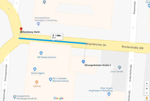 Entfernung Marktplatz zu Langenbrücker Str. 4, Ratzeburg (Quelle: Google Maps)