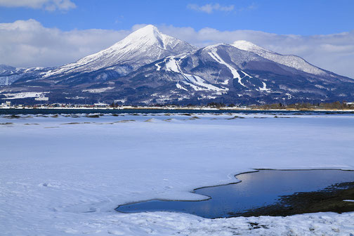 冬の磐梯山と猪苗代湖