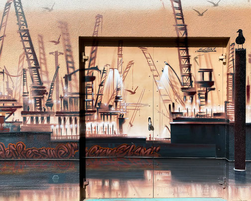 Hafen Hamburg Graffiti Neustadt Kräne Elbe Farbe