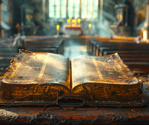 An antique Bible in an empty church
