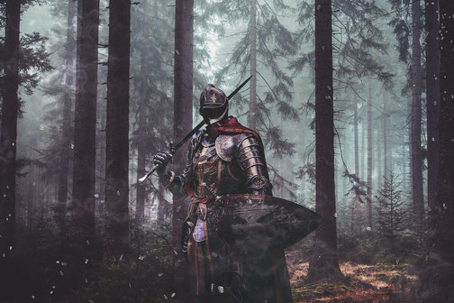 A fully armored knight stands in a misty forest, holding a spear and shield with light filtering through tall trees.