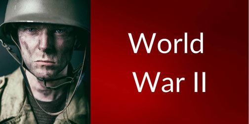 Fighter planes battle over ocean waters with explosions mid-air, beside bold text reading “World War II” on a red background.