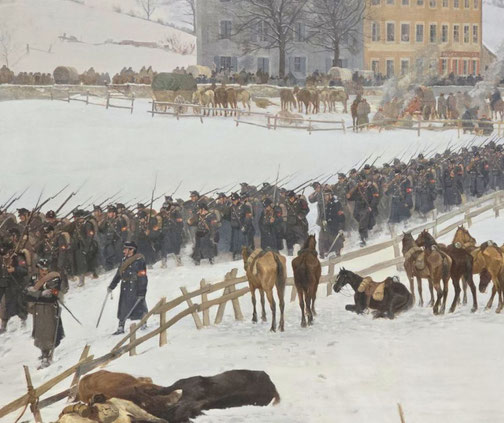 A winter battle scene depicting soldiers in dark uniforms marching with bayonets, while fallen horses and weary animals stand nearby.