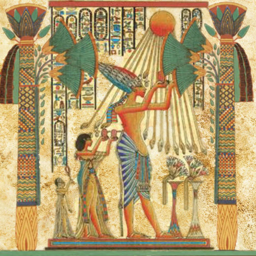 Colorful ancient Egyptian artwork showing a pharaoh and figures worshipping Aten, with sun rays ending in hands.