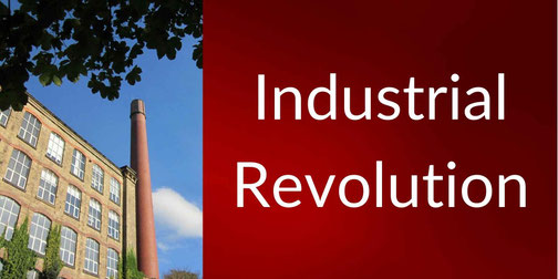 A vast textile factory filled with rows of machinery is shown beside bold text reading “Industrial Revolution” on a red background.