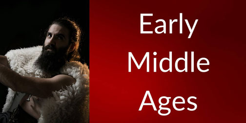 A bearded warrior in a metal helmet, dusted with snow, stares intensely beside the text “Early Middle Ages” on a red background.