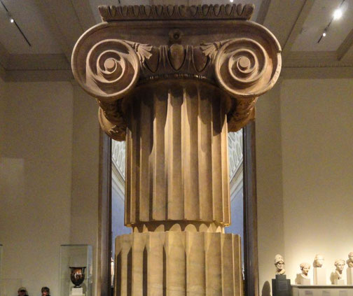 A close-up of an Ionic column with its distinct volutes and fluted shaft, displayed in a museum setting, surrounded by other ancient artifacts and busts under soft lighting.