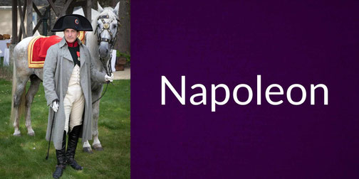 Mounted soldiers ride across a desert landscape with pyramids in the distance, beside bold text reading “Napoleon” on a dark purple background.