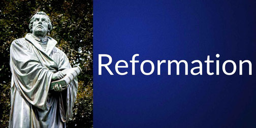 A man in 16th-century clothing reads from a book before a crowd, beside bold text reading “Reformation” on a blue background.