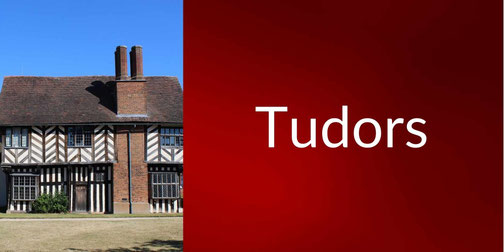 A woman in Tudor-era dress and pearl jewelry stands beside bold text reading “Tudors” on a deep red background.