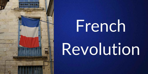 A noblewoman in elaborate 18th-century dress poses formally beside bold text reading “French Revolution” on a blue background.