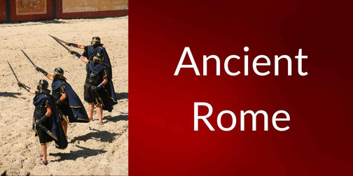 A Roman soldier in full armor and helmet stands amid troops, next to bold text reading “Ancient Rome” on a red background.
