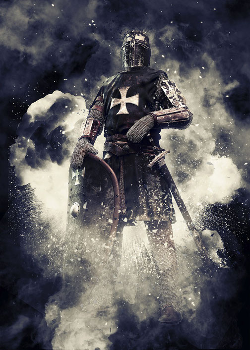 A battle-worn knight in full armor and cross-emblazoned tunic stands amid swirling smoke and debris, holding a shield.