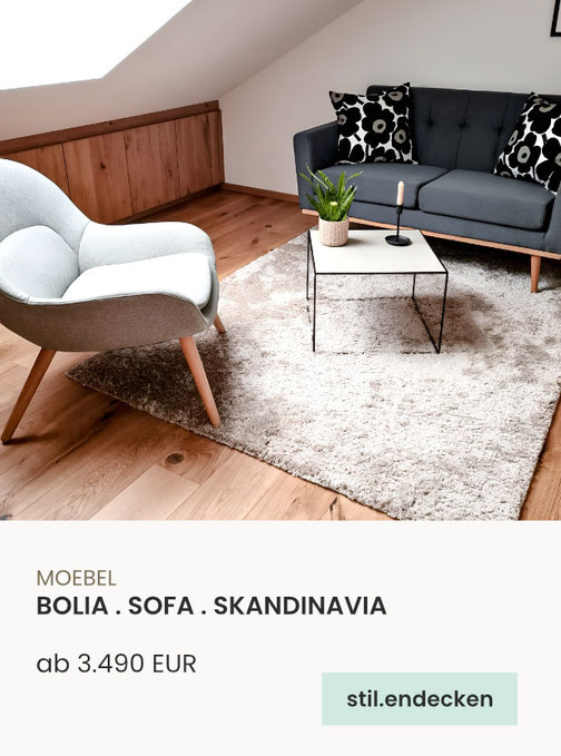 olia Cosima & Skandinavia Sofa mit Marimekko-Kissen  in eingerichtetem Wohnzimmer · stil.leben Feldkirch