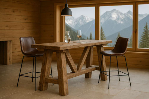 Stehtisch ST2 aus massiver Altholzeiche mit V-Gestell im Chaletstil, handgefertigt für Chalets und Wohnküchen