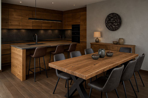 Moderne Chaletküche mit Hochtisch aus Altholz-Eiche und X-Gestell – stilvolles Küchendesign mit Leder-Barhockern