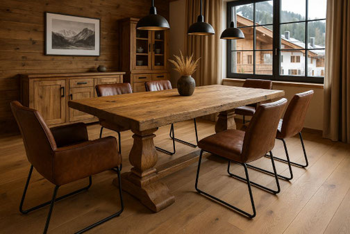 Massiver Klostertisch mit antikem Mittelgestell im Wohnzimmer in Kitzbühel – stilvoller Mix aus Tradition und Moderne