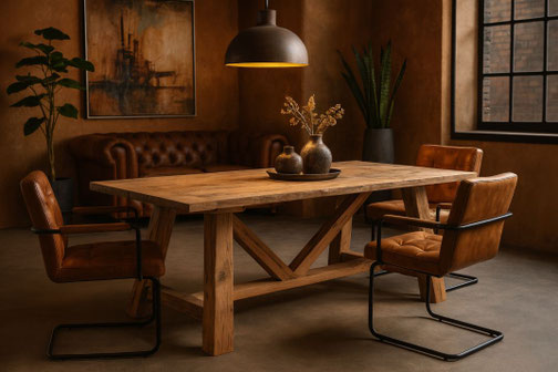 Esstisch Odin aus antiker Eiche mit Querfries und A-Gestell – Altholzdesign