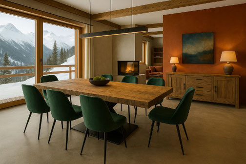 Designer-Esstisch aus Altholz in moderner Chaletwohnung bei Adelboden – exklusive Wohnatmosphäre