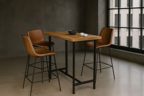 Stehtisch ST9 aus heller Eiche mit filigranem schwarzem Stahlgestell im modernen Loftdesign