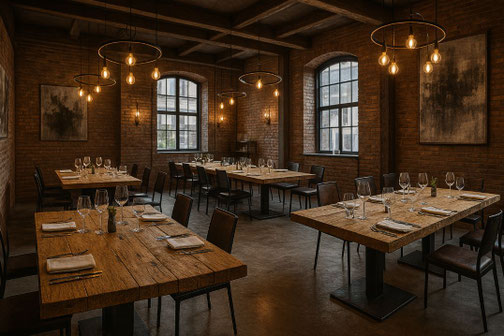 Industrial-Restaurant mit rustikalen Eichen-Tafeltischen und Backsteinwänden im Fabrikstil – großes Ambiente